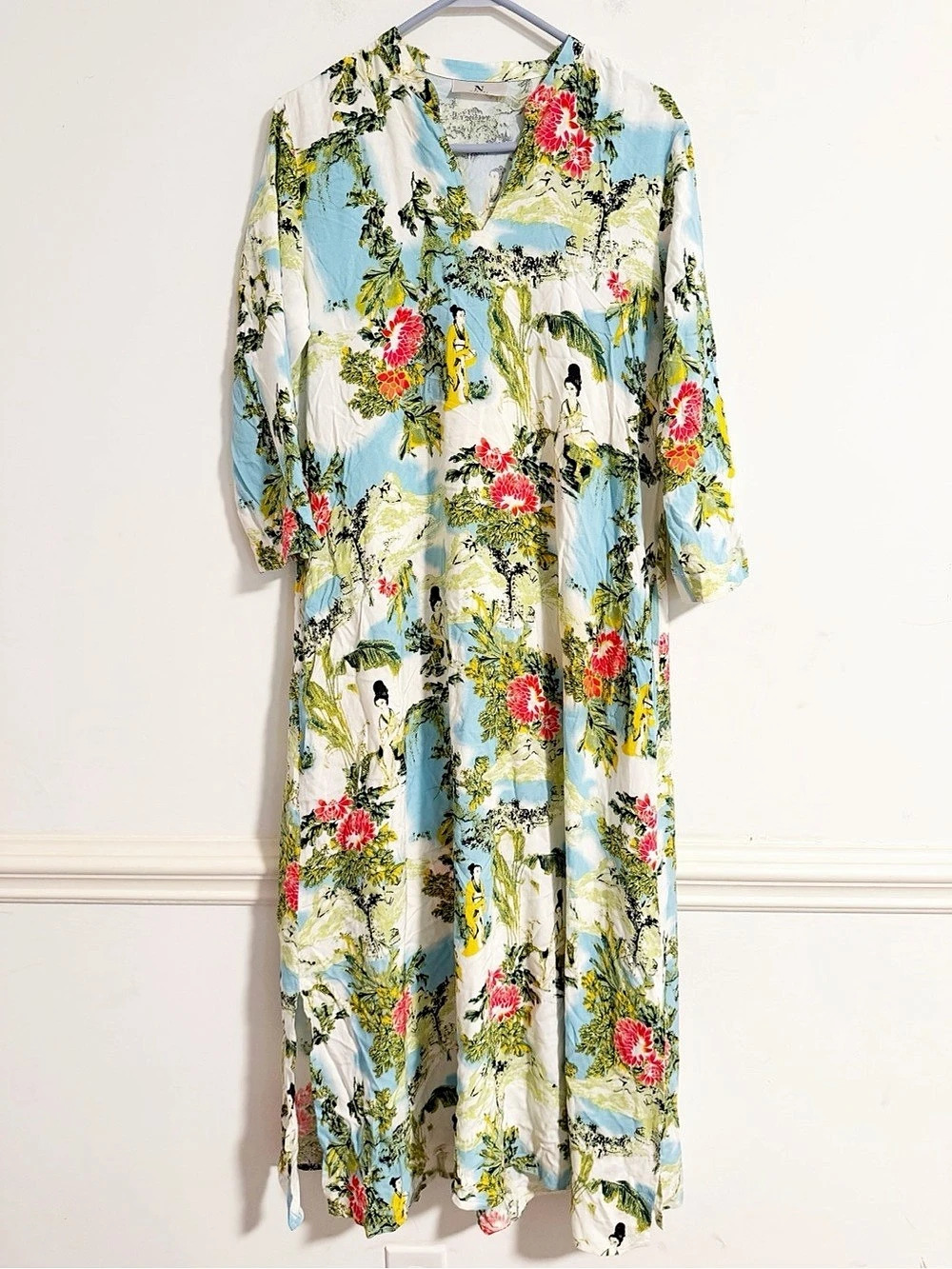 Natori Floral Long Sleeve V-Neck Maxi Dress Blue White Small Cover-Up